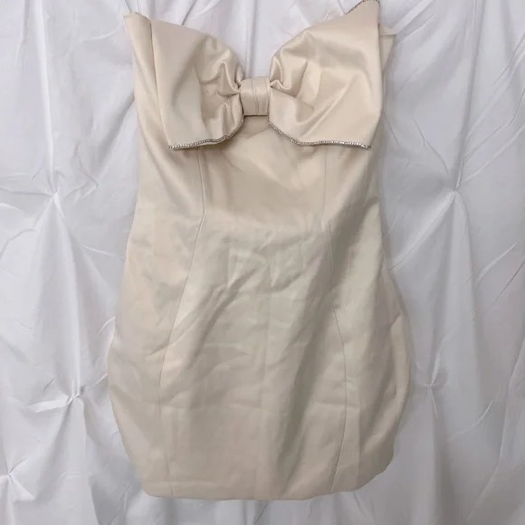 House of CB Ariella Ivory Satin Crystal Embellished Bow Dress